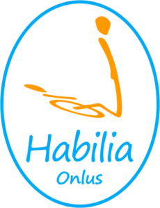 Logo dell'associazione Habilia Onlus. Un uomo in piedi riflette l'ombra di una persona su sedia a rotelle